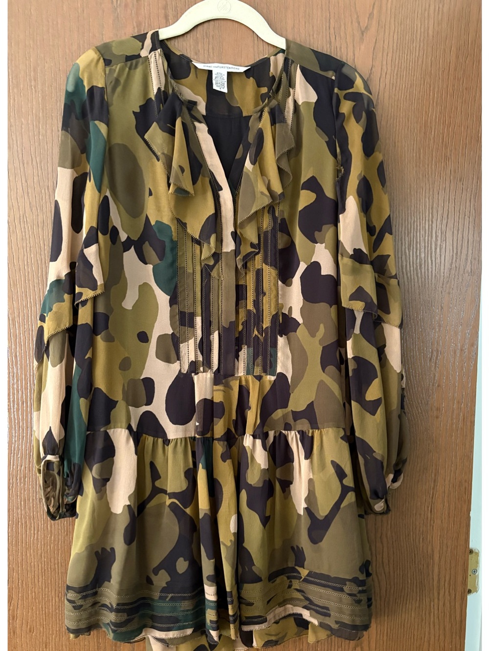 Diane von Furstenberg Silk Camo Mini Dress- Olive, Brown & Black